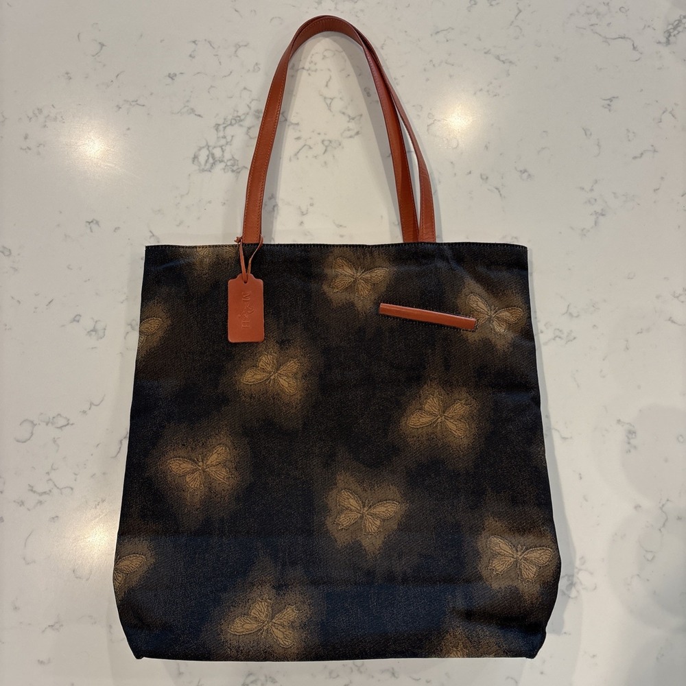 Mario Hernandez Bag Purse Fabric + Leather Butterflies Print Black Gold 15x15